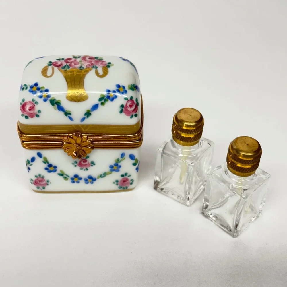 Vintage Limoges Trinket Box Two Glass Bottles Hand Painted Floral Porcelain